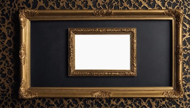 Rectangle vintage gold frame for web presentation, double line horizontal border in oriental style for 16x9 work project