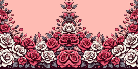 Seamless border with red and white roses, decorative rose ornament border, Vector illustration, generative ai