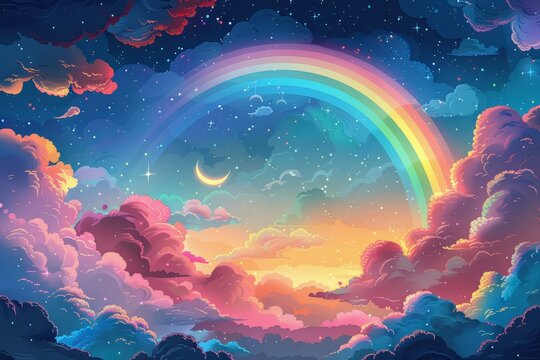 A whimsical cartoonstyle illustration of the night sky with clouds, stars and moon, rainbow in background