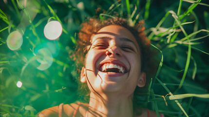 Overhead shot of a young woman lying in grass, her laughter vibrant against the lush greenery, capturing the essence of joy and the simplicity of a moment spent connecting with nature.