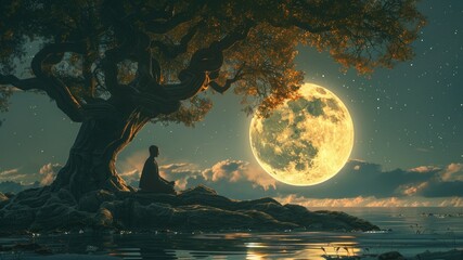 Meditation under Bodhi tree during Vesak full moon, serene ambiance with earthy tones, spiritual introspection.