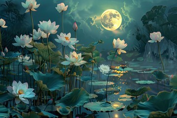 Fototapeta na wymiar Tranquil pond, blooming lotus under Vesak full moon, symbolizing purity, enlightenment, spiritually resonant.
