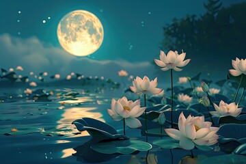 Tranquil pond, blooming lotus under Vesak full moon, symbolizing purity, enlightenment, spiritually resonant.