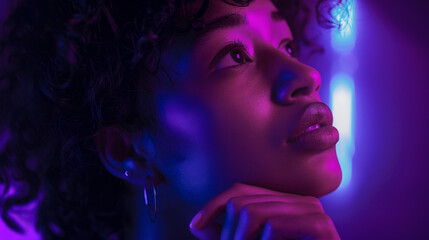 Under neon lights, a woman's profile is bathed in a vibrant purple and blue glow that highlights her contemplative expression, creating a mood that's both futuristic and introspective.