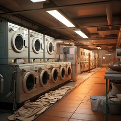 illustration of A public laundry room full of washing machines with, Generative ai