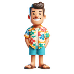 3d illustration of a man in a hawaiian shirt and shorts standing with hands in pockets.