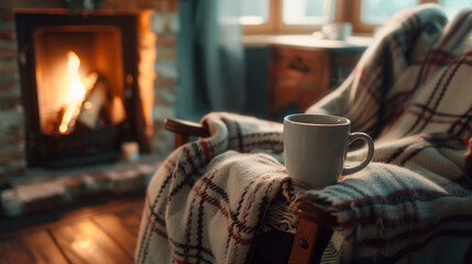 Fototapeta na wymiar Caffeine Coziness: Enjoying Coffee by the Fireplace