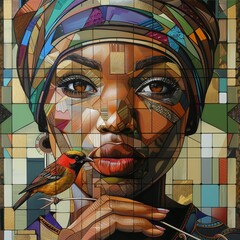 An exquisite painting of an African woman with geometric patterns, holding a bird toy in her hand, surrounded by art deco elements.