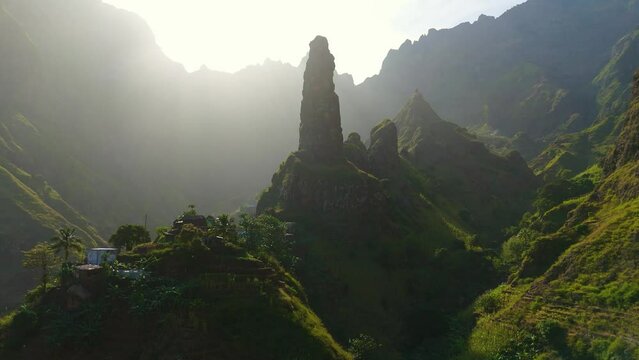 Aerial drone view of XoXo in Ribeira da Torre valley during sunrise, Cova-Paul-Ribeira da Torre Natural Park, Santo Antao island, Cape Verde