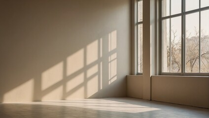 Obraz premium Minimalistic abstract simple gentle light beige background for product presentation with light and beautiful shadow from window on wall 