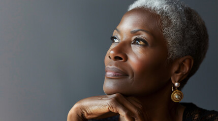 An elegant elderly woman with silver hair looks pensively upwards, her chin resting on her hand, exuding wisdom and grace in a close-up portrait.