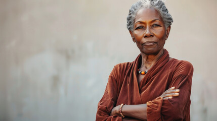 In a poised stance, a mature woman with grey hair stands confidently against a soft-focus background, her arms crossed, showcasing strength and character.