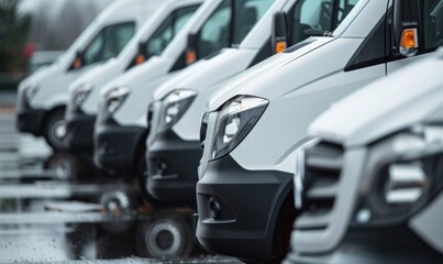 Commercial delivery vans in a car dealership parking lot