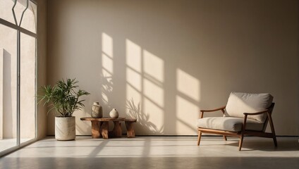 Minimalistic abstract simple gentle light beige background for product presentation with light and beautiful shadow from window on wall 