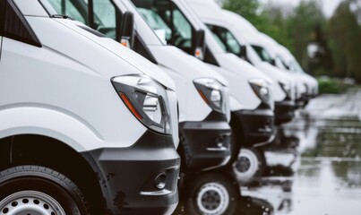 Commercial delivery vans in a car dealership parking lot