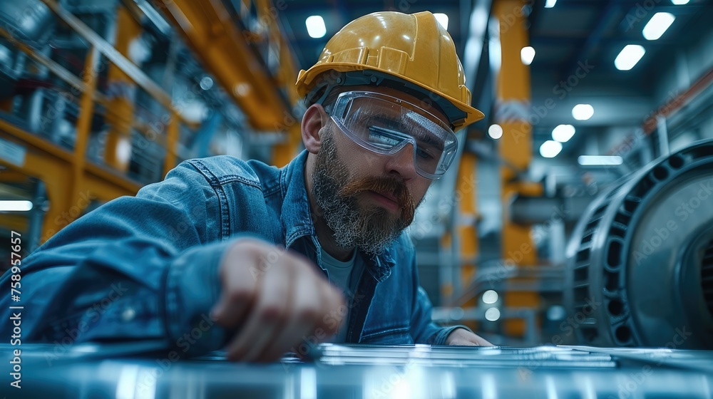 Poster an engineer doing calculations on a metal frame to test it for strength, the frame should be in the 