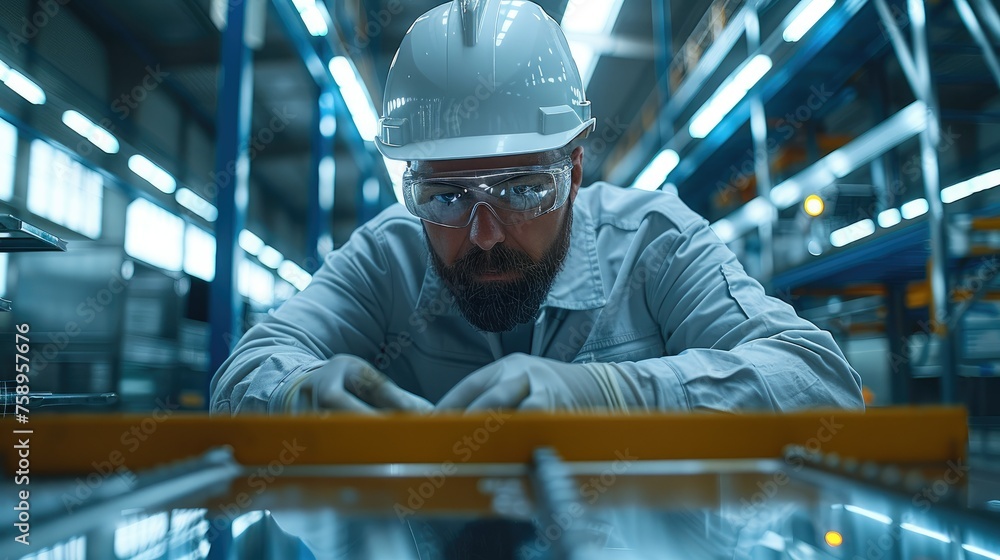 Poster an engineer doing calculations on a metal frame to test it for strength, the frame should be in the 