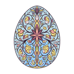 Hand drawn colorful Easter egg with patterns, curls, flowers. Spring Happy Easter egg with floral elements, decorative ornament. Vector cute illustration isolated on white background
