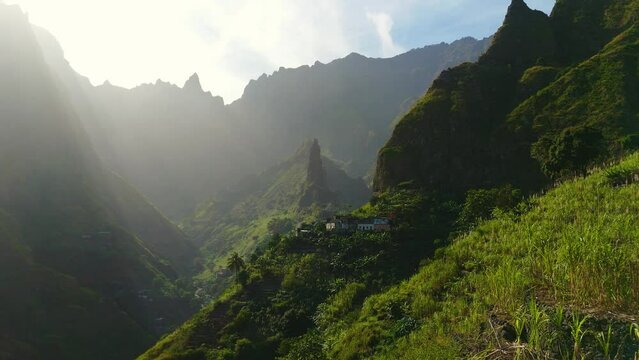 Aerial drone view of XoXo in Ribeira da Torre valley during sunrise, Cova-Paul-Ribeira da Torre Natural Park, Santo Antao island, Cape Verde