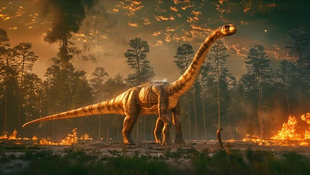 AI-generated dinosaurs in a prehistoric landscape. Global Earth disaster. Perfect for educational materials, scientific publications, and digital art. The concept of dinosaur extinction.