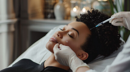 A young woman receives a cosmetic injection from a professional in a serene spa setting, emphasizing the beauty industry's focus on youth and rejuvenation