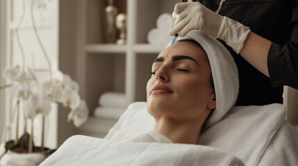 A tranquil spa environment sets the stage for a woman receiving a forehead injection, highlighting the meticulous and delicate nature of cosmetic treatments