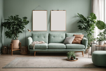 Stylish scandinavian living room interior with design mint sofa, furnitures, mock up poster map, plants, and elegant personal accessories 