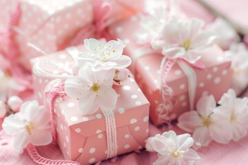 Fototapeta na wymiar Delicate Pink Gift Boxes with White Flowers, Soft and Romantic Composition