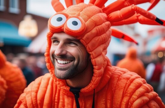 The man laughs,Man in shrimp costume,guy with beard, carnival holiday shrimp day