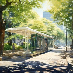 illustration of A scene of a bus stop sunny during the day with a ve, Generative ai