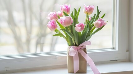 A vase filled with pink tulips sits on a window sill