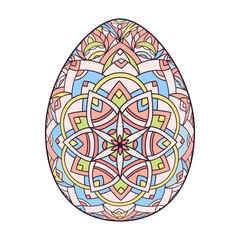 Hand drawn colorful Easter egg with patterns, curls, flowers. Spring Happy Easter egg with floral elements, decorative ornament. Vector cute illustration isolated on white background