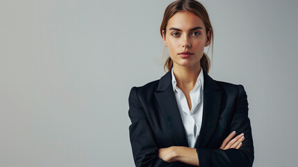 A composed young businesswoman stands confidently with crossed arms, wearing a formal black suit and white blouse against a minimalistic light background