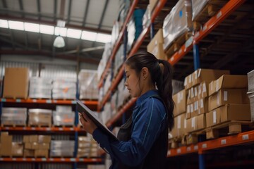 Female warehouse worker reading product order, order picking. Warehouse manager checking delivery