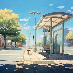 illustration of A scene of a bus stop sunny during the day with a ve, Generative ai