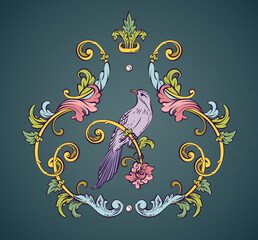 Luxury decorative vector element with bird, baroque monogram, renaissance emblem, luxury label