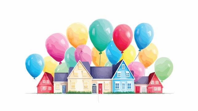 House with colorful balloons on a white background.