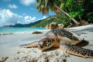 
A Seychelles turtle, serene by palm-lined shore, basks amidst turquoise waves, embodying tranquility in a paradisiacal scene.