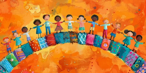 A vibrant and colorful illustration of diverse children from around the world, each holding hands in celebration.