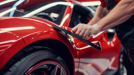 Technician using squeegee to smooth protective film on door panel of luxury sports car