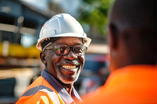 An elderly dark-skinned man in a hard hat and glasses, ready for work