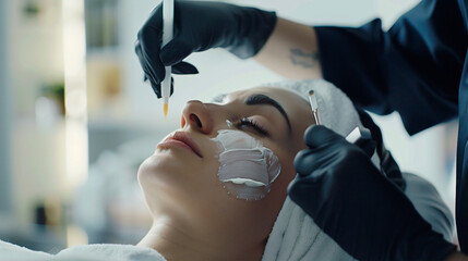 A serene spa scene unfolds as a client relaxes with a facial mask application, reflecting a moment of pampering and self-care. The close-up captures the precision and care of the aesthetician's work