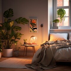 illustration of A simple bedroom with an indoor plant placed next, Generative ai
