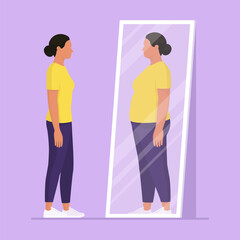 Woman looking at the mirror and seeing herself as overweight