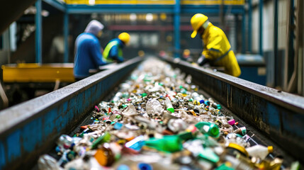 Man in Yellow Hard Hat and Green Vest Standing Next to Conveyor at Garbage Processing Plant