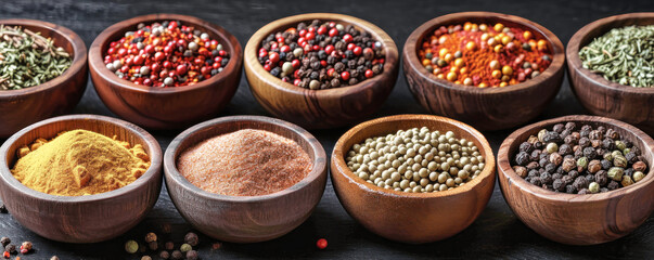 Assorted Wooden Bowls Filled With a Variety of Spices