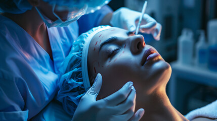 A dramatic scene of a cosmetic procedure with the client's face marked for enhancements under the meticulous attention of a medical professional in a blue-lit clinical setting