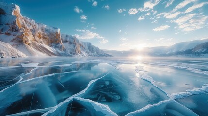 Lake in winter with cracked ice. Generative AI. - obrazy, fototapety, plakaty