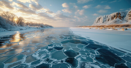 Lake in winter with cracked ice. Generative AI.