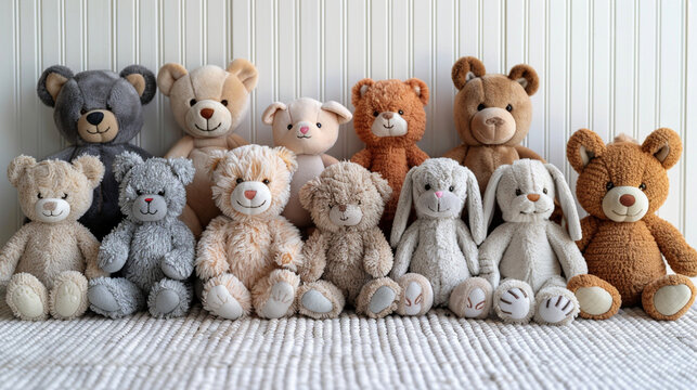 Picture a delightful arrangement of plush stuffed animals, including teddy bears, bunnies, and kittens, arranged in a playful pile against a clean white wall, with ample copyspace